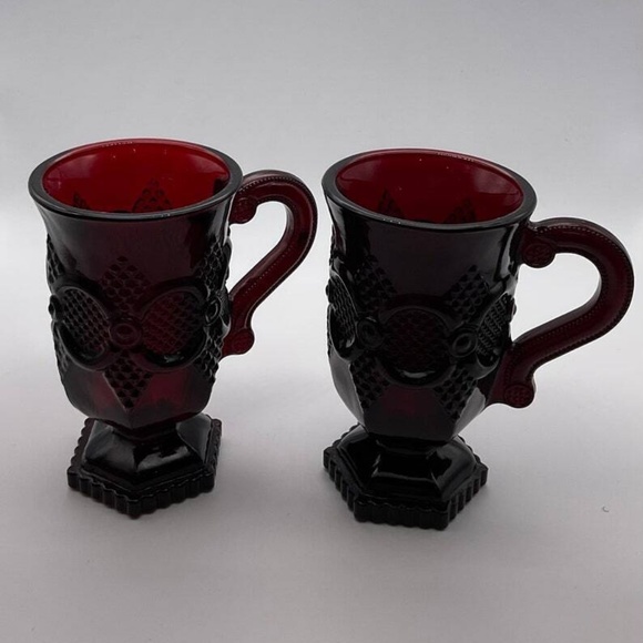 Set of 7 Vintage Avon 1876 Cape Cod Ruby Red Glass Mugs Pedestal Cups - Picture 2 of 4